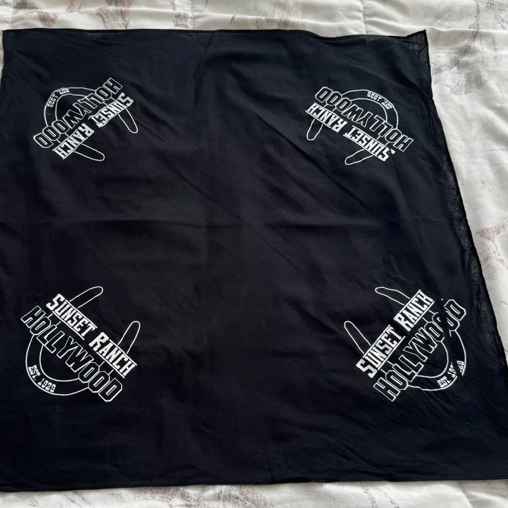 Sunset Ranch Hollywood Black Bandana with White logo Print, size 21x21 cotton